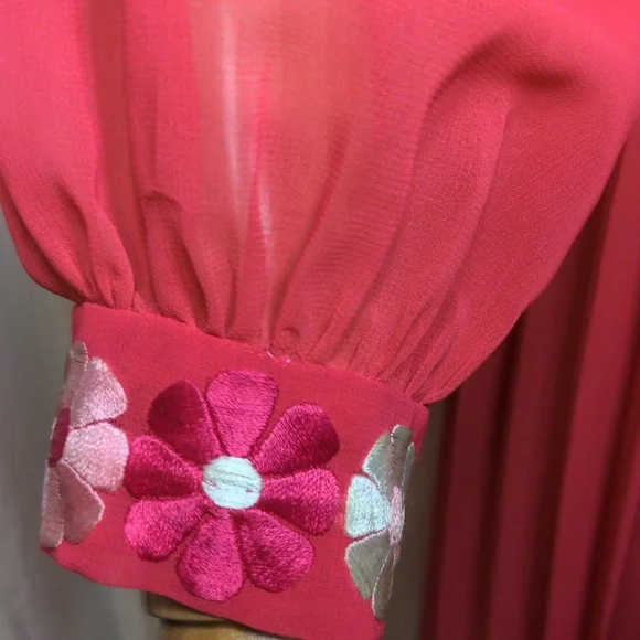 Vintage 60s Pink Embroidered Daisy Maxi Dress Bishop Sleeves XS/Small - Picture 6 of 13